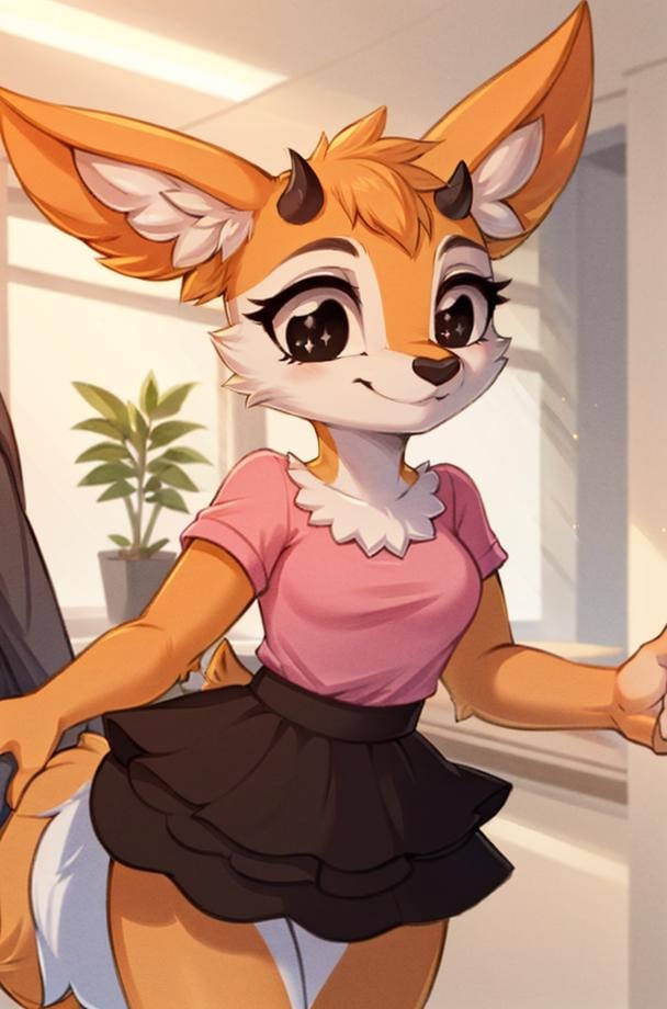 1girl, (anthro furry:1.2), TsunodaCzar, (two-toned fur, orange fur, black eyes, deer ears, horns, snout), (pink blouse, black skirt, smiling), (interior, office), (masterpiece:1.2), hires, ultra-high resolution, 8K, high quality, (sharp focus:1.2), clean, crisp, cinematic, <lora:Tsunoda-10:1>