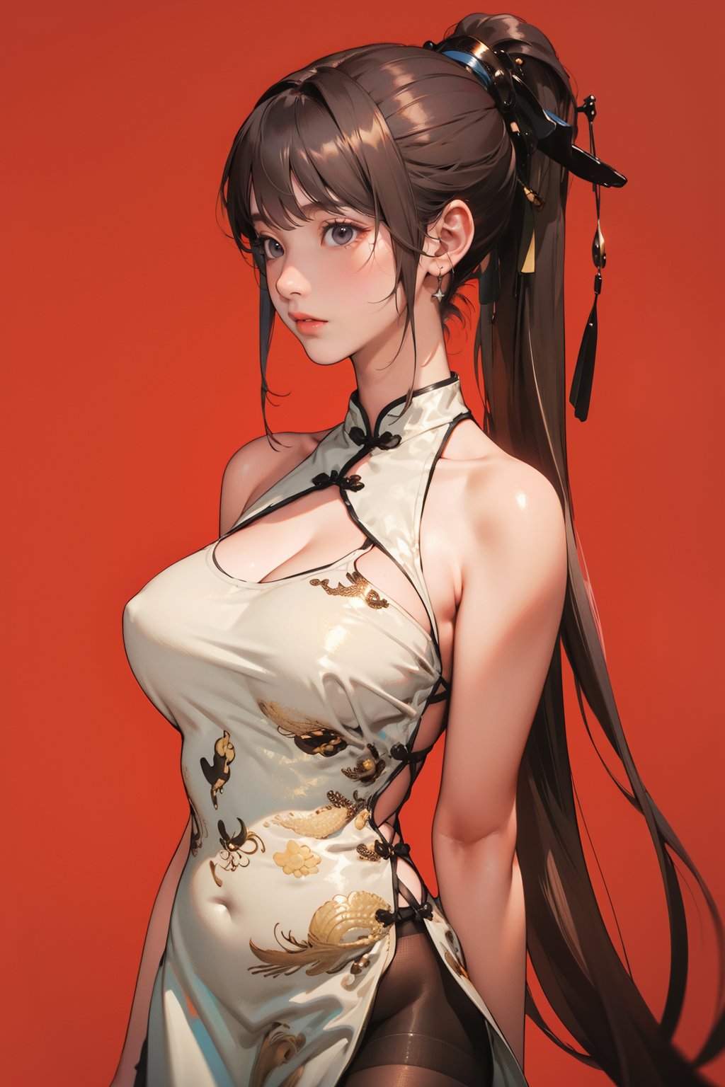 1girl,solo,red background,very long hair,high ponytail,,ruanyi0608,bare shoulders,black pantyhose,china dress,cleavage,side slit,white dress,<lora:0608 Stellar Blade (national color peony)_v1:1>, best quality,masterpiece,highres,official art,extremely detailed cg unity 8k wallpaper