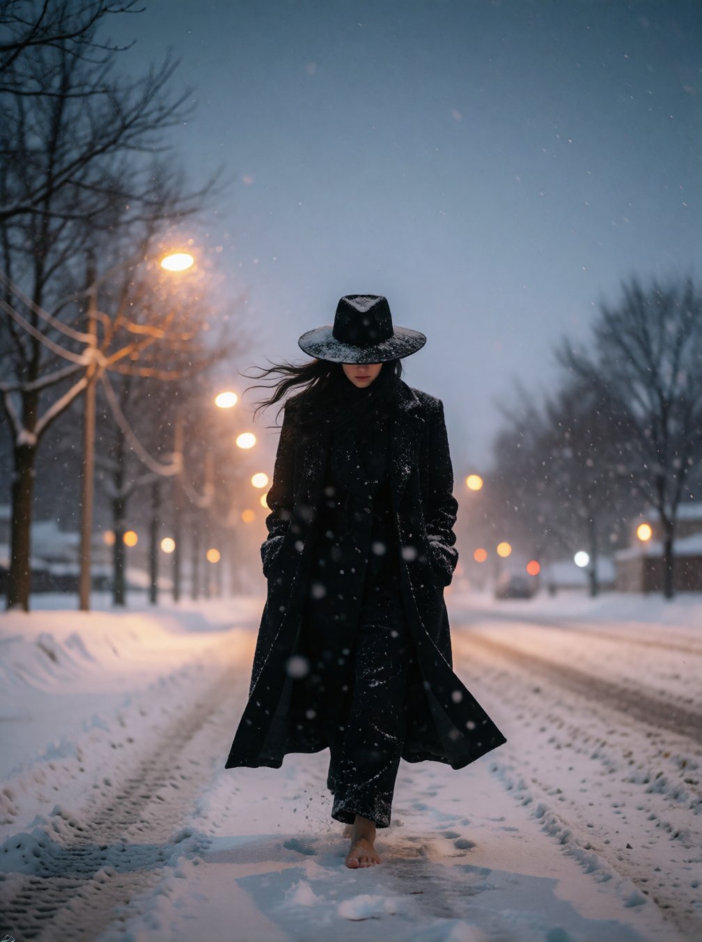 A solitary figure walks barefoot through a snow-covered street at dusk,  wearing a long black coat and a wide-brimmed blac...