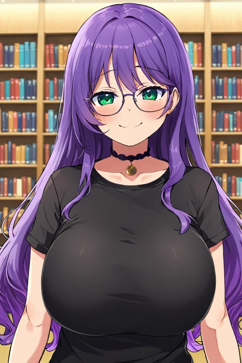 masterpiece, best quality,long hair, purple hair, wavy hair, green eyes, large breasts, black t-shirt, choker, glasses, light smile, portrait, library, 