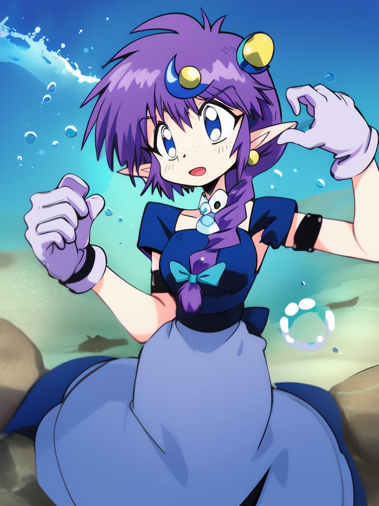 <lora:Arara_Cocoa:1>　AraraCocoa, underwater, solo, pointy ears, braid, crescent hair ornament, purple hair, dress, air bubble, gloves, 1girl, bubble, blue dress, 1boy, male focus, open mouth,sky, masterpiece, high quality, very_high_resolution, large_filesize, full color,