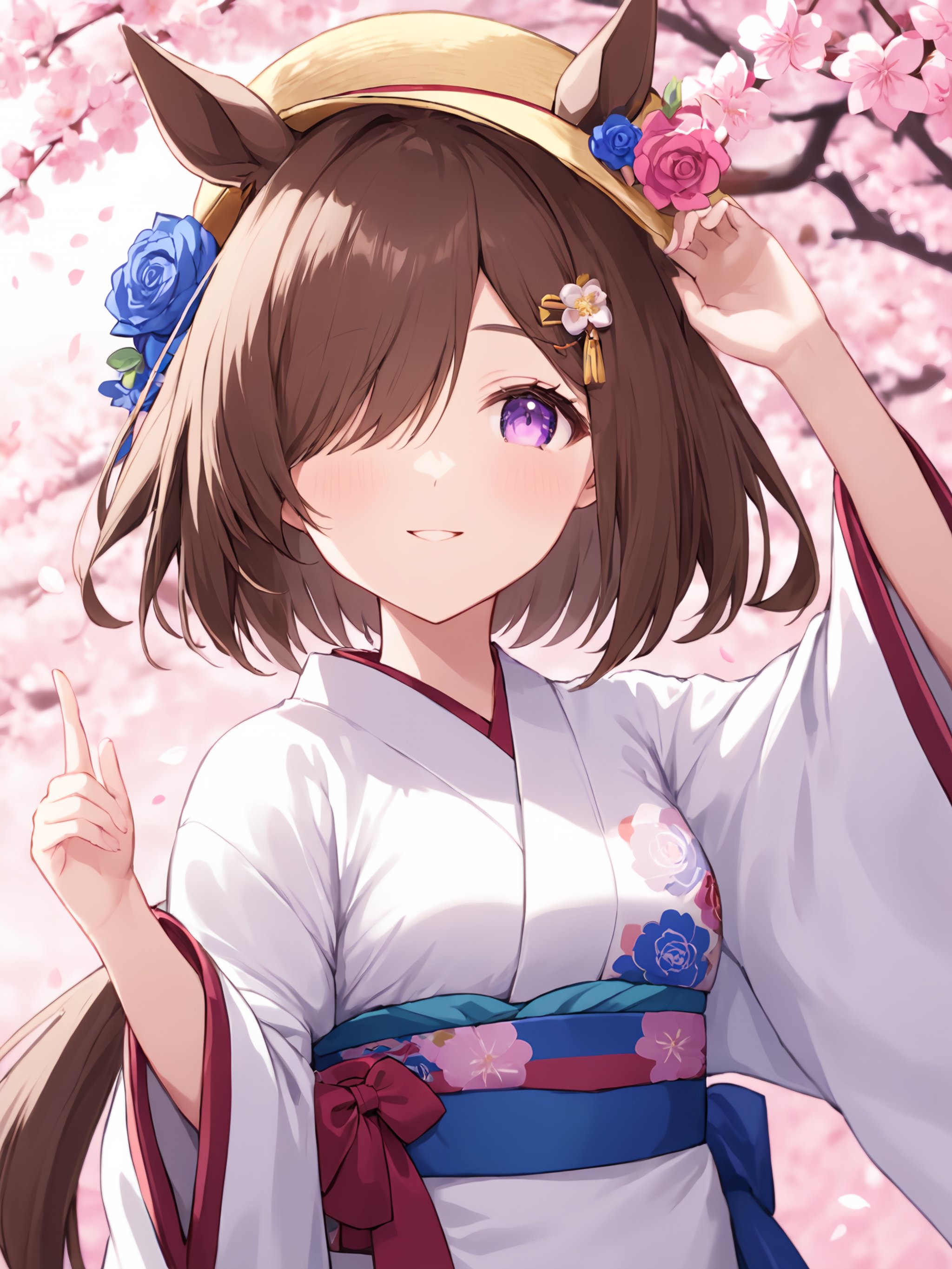 (masterpiece),(highest quality),highres,(an extremely delicate and beautiful),(extremely detailed),1girl, japanese clothes, solo, kimono, animal ears, horse ears, hair over one eye, brown hair, flower, purple eyes, sash, smile, obi, blush, wide sleeves, white kimono, rose, blue flower, blue rose, floral print, closed mouth, horse girl, long sleeves, print kimono, cherry blossoms, looking at viewer, upper body, petals, hair flower, hat, bangs, blurry, arm up, blurry foreground, tilted headwear, depth of field, hair ornament, short hair, one eye covered, hand up, eyebrows visible through hair, long hair, blurry background, pink flower, alternate costume