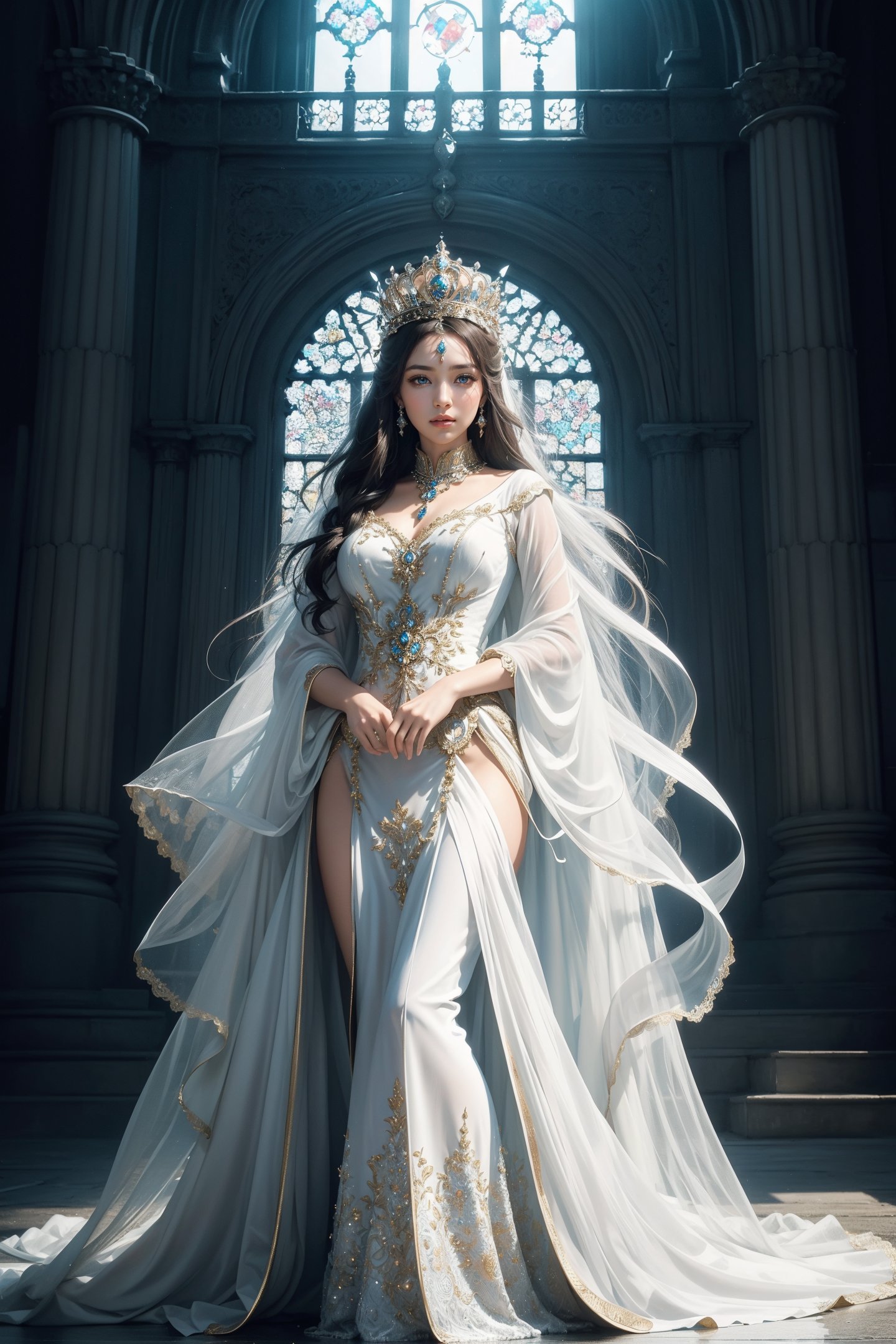 portrait of beautiful A majestic and powerful queen, known as the "Queen of Wind Magic," standing in a regal pose, Imagine her with flowing, ethereal robes that catch the wind, symbolizing her mastery over the element, intricate, elegant, highly detailed, majestic, digital photography, art by artgerm and ruan jia and greg rutkowski surreal painting, seating on throne, broken glass, (masterpiece, sidelighting, finely detailed beautiful eyes: 1.2), hdr, (detailed background window to a new dimension, wind and magic:0.7)