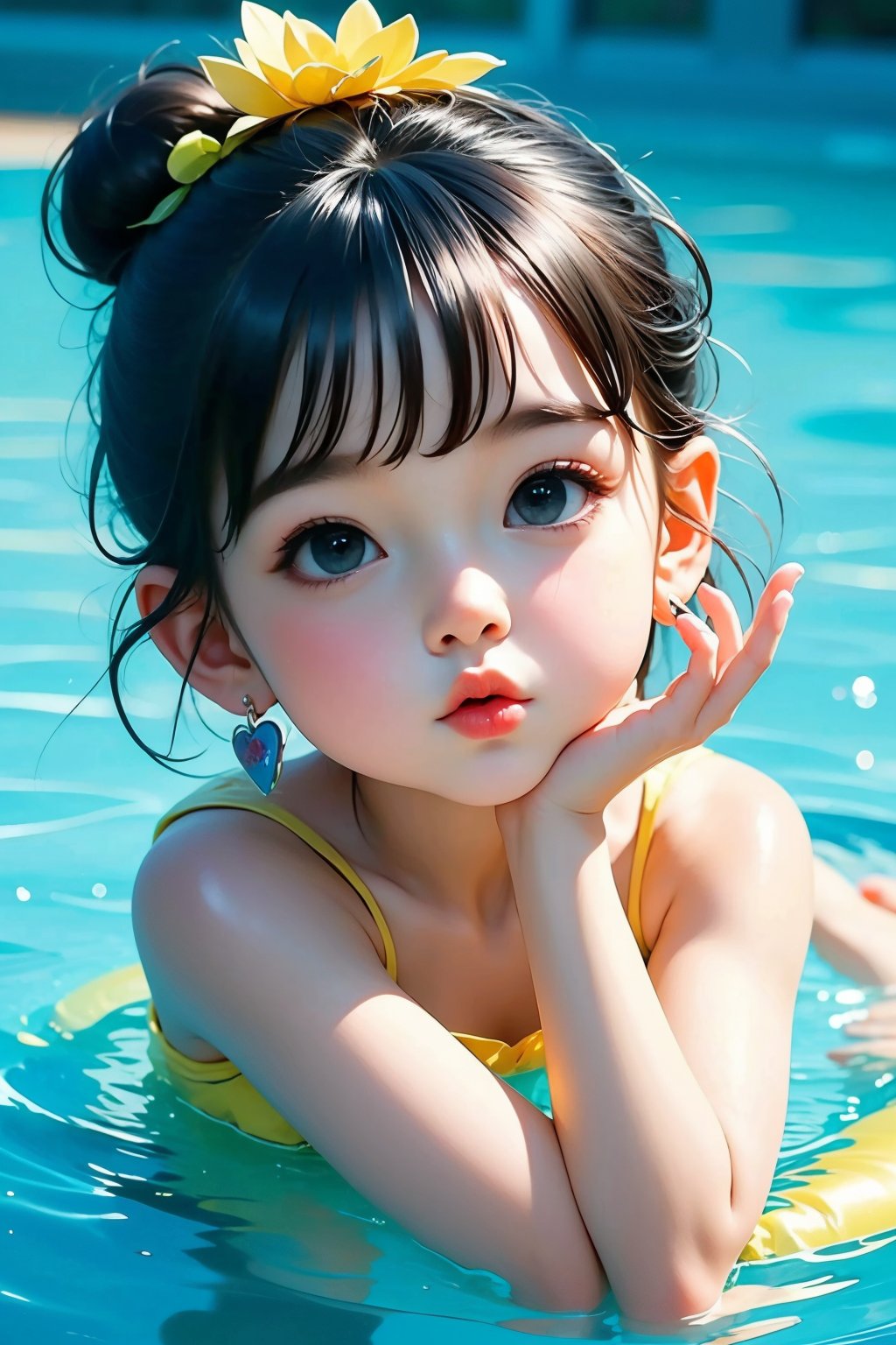 <lora:cka01:0.8>,cka01, 1girl, solo, jewelry, earrings, looking at viewer, black hair, heart, black eyes, water, head rest, hair bun, yellow dress, single hair bun, flower, hair ornament, bangs, lips, hair flower, flower earrings, lying, hands on own face, best quality, ultra-detailed, masterpiece, finely detail, highres, 8k wallpaper