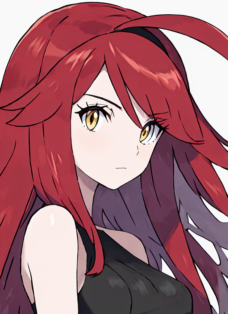 masterpiece, best quality, generation 4, close-up of a woman with long red hair and yellow eyes with a white background <lora:Pokemon (Style):1>