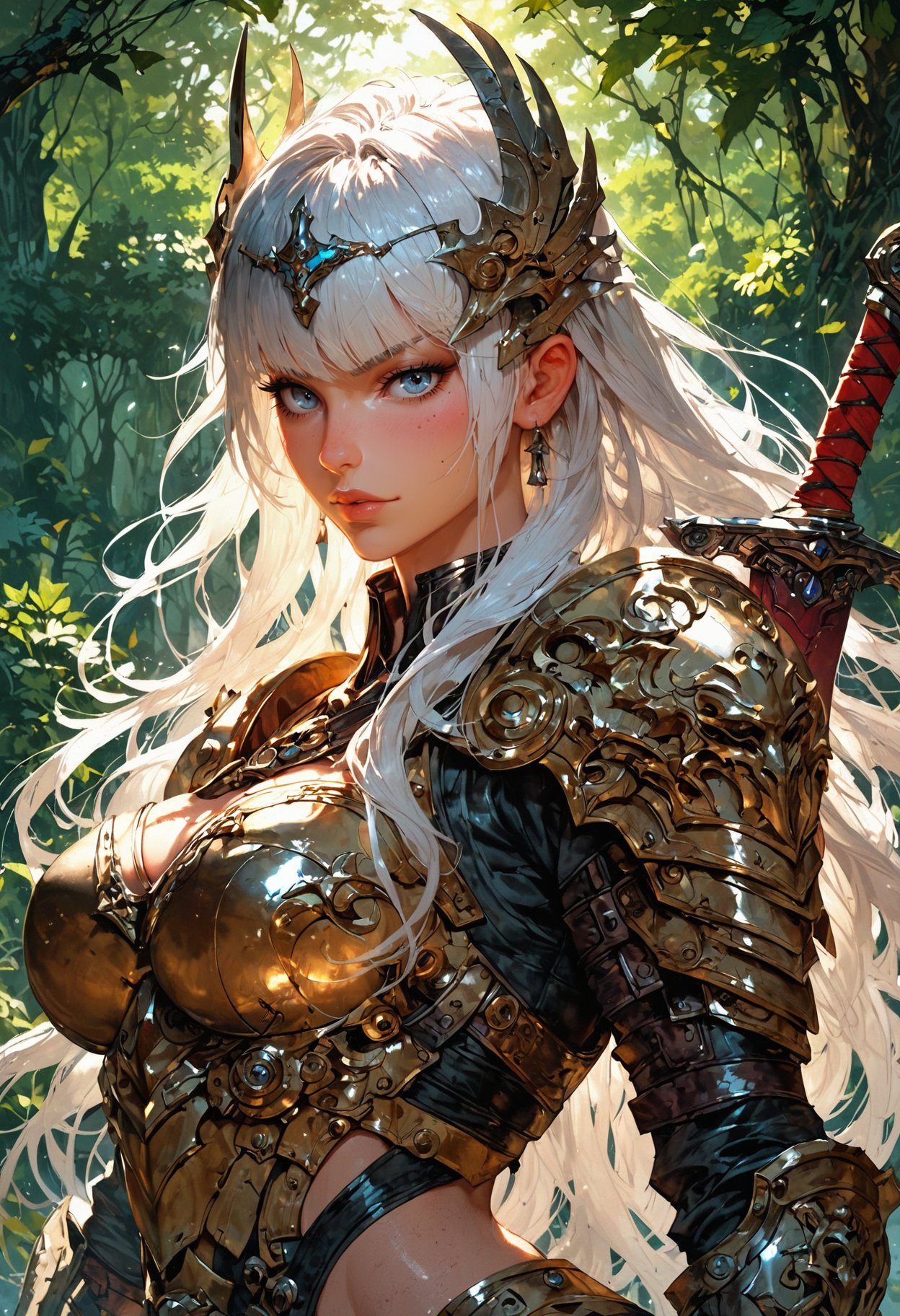 (score_9, score_8_up), score_7_up, zPDXL, solo,  <lora:MythAnim3Style:0.8>, MythAn1m3, source_anime, 1girl, beautiful, white hair, long hair, bangs, fair skin, big breasts, leather armor, sword, forest, dappled sunlight, upper body, looking at viewer, shine, shine of steel