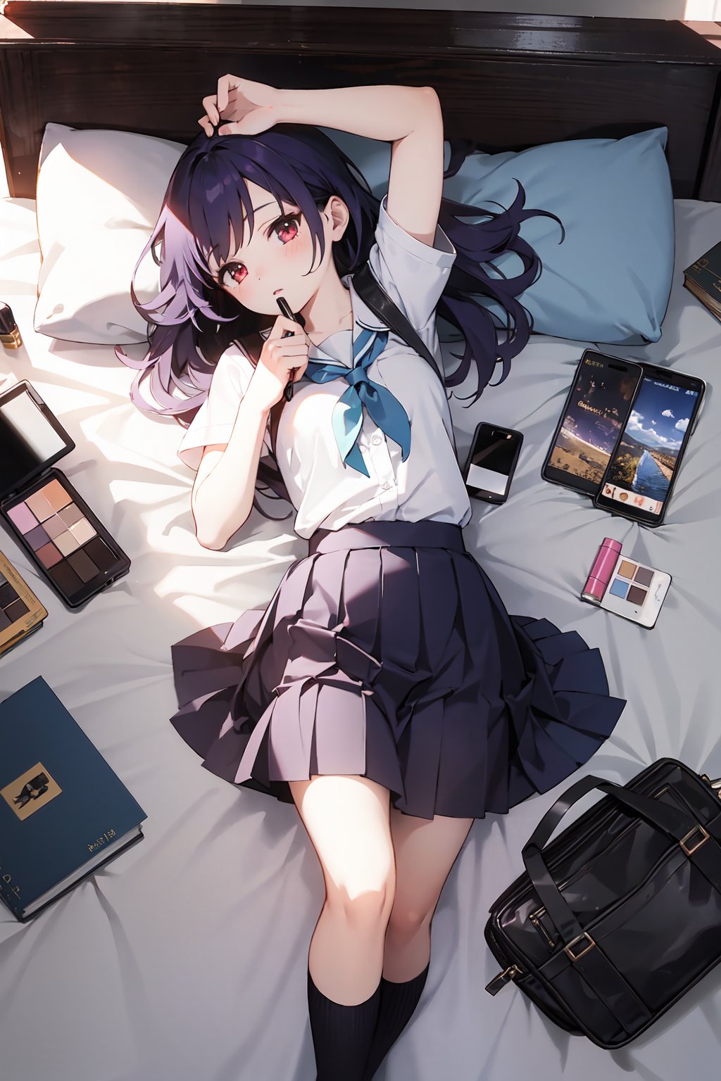 masterpiece,best quality,(ray tracing,cinematic lighting),sunlight, 1girl,,medium\, solo, school_uniform, long_hair, skirt, Long purple hair, Red eyes,full body,Schoolbag, Books, Pen,Mobile phone, CosmeticsSimple background, White background(A girl is lying on the bed, from above)