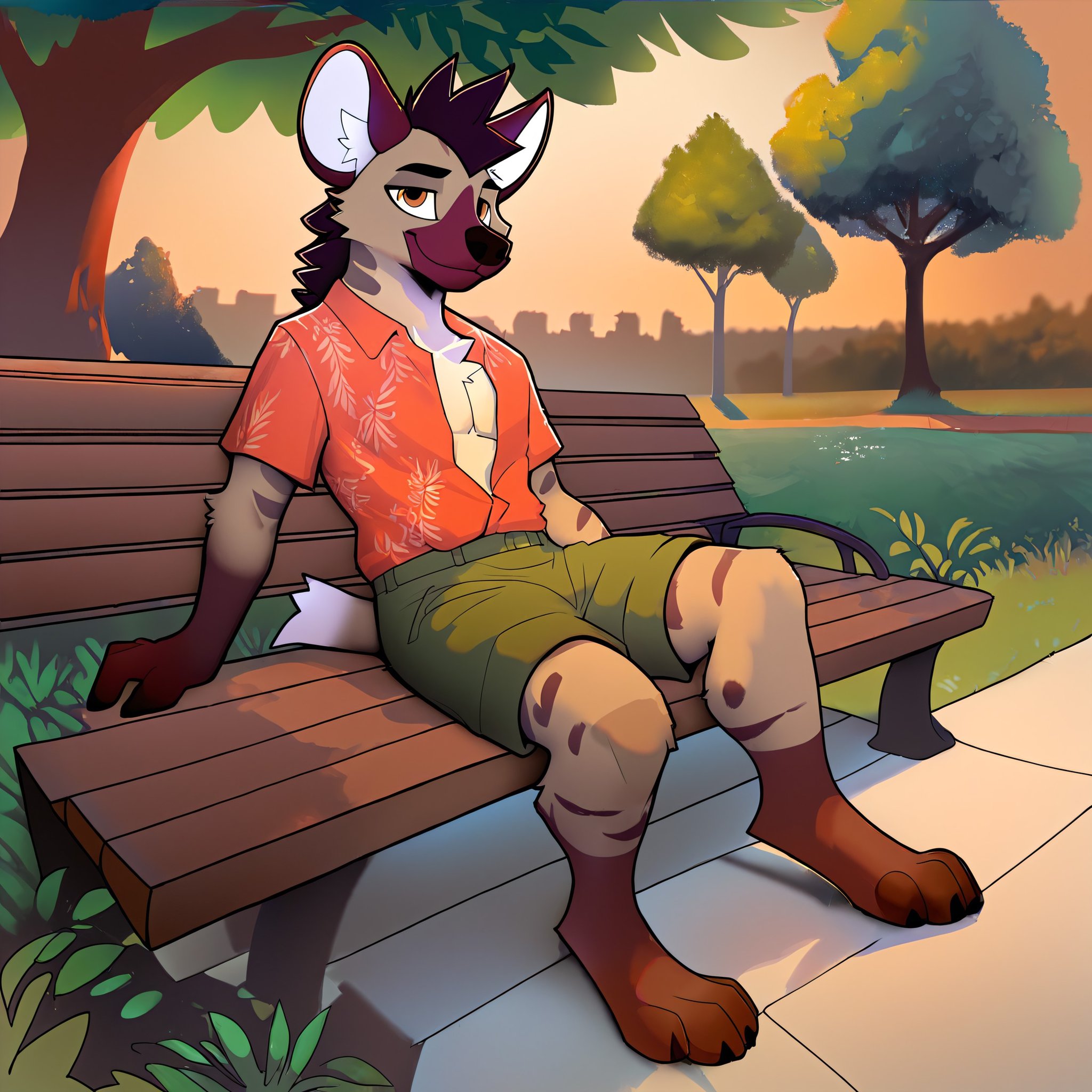 azoomer,score_9,score_8_up,score_7_up,score_6_up,anthro,male,hyena,clothing,clothed,aloha shirt,shorts,park bench,park,sitting,trees,grass,grassland,volumetric lighting,landscape,<lora:Azoomer PDXL V1:0.8>,