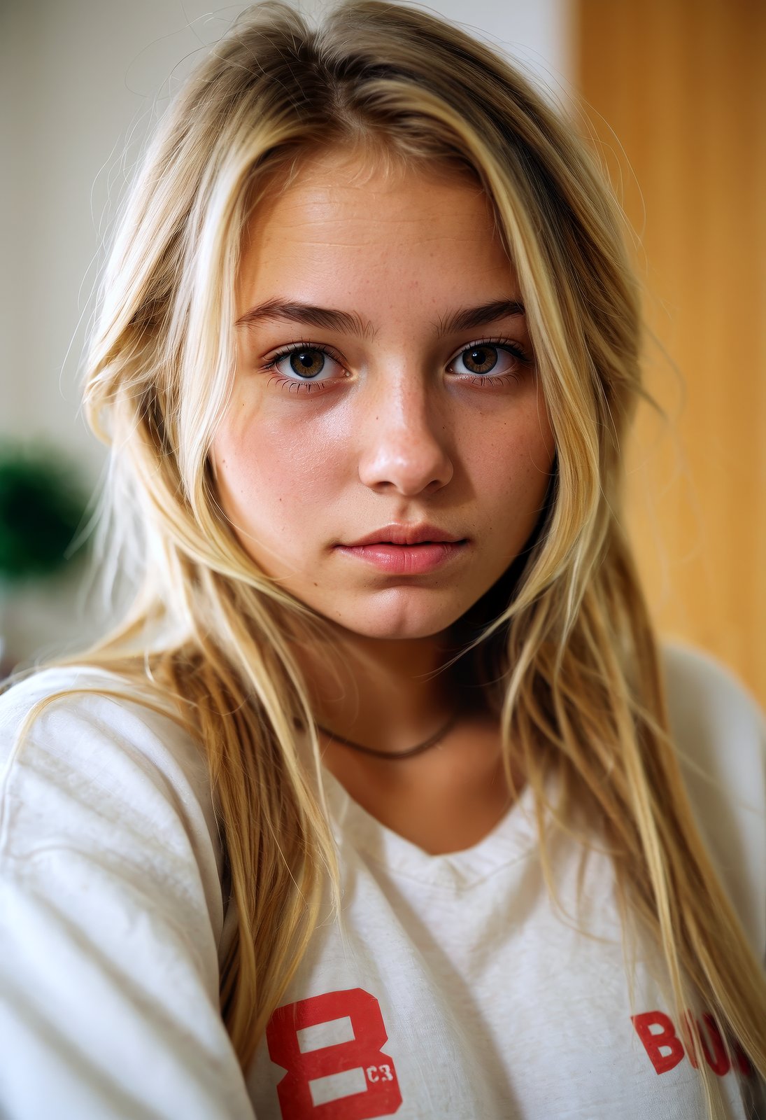 a beautiful college girl, dirty blonde, close-up, girl next door, baggy clothes, interior, film grain, sharp focus on subject, Fujifilm XT-3