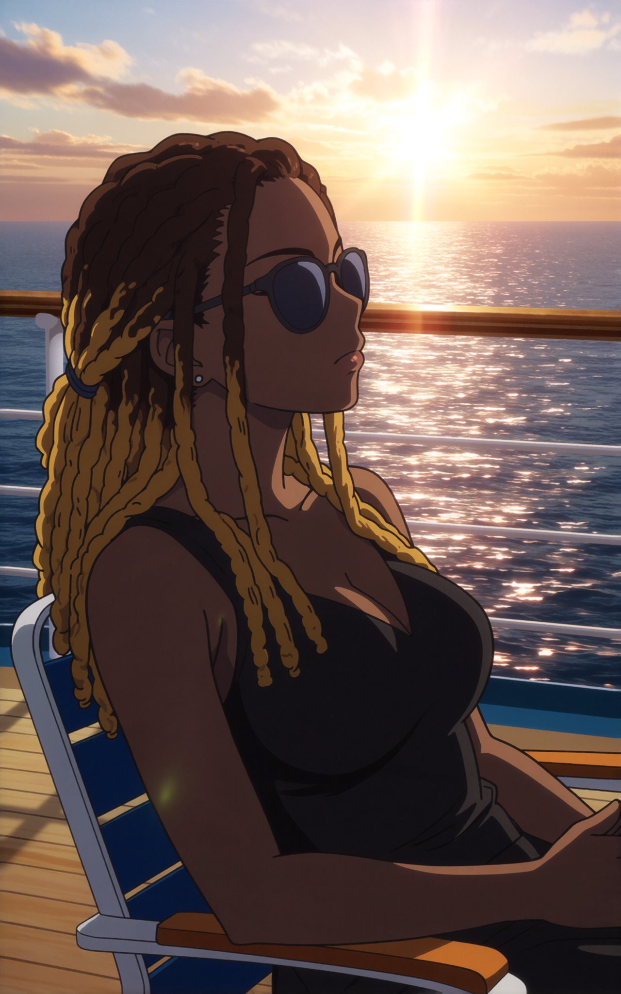 An anime style illustration.A dark skinned african woman with long brown-blonde dreads is sitting on a chair on a cruise s...
