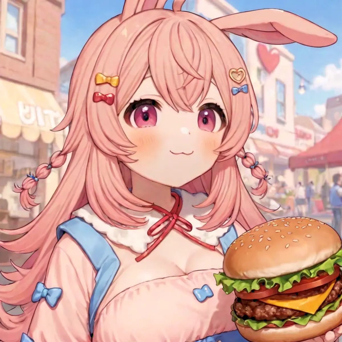 pippa, :3 rabbit ears, bangs, closed mouth, rabbit girl, sleeves past wrists, solo, twin braids, virtual youtuber, ahoge, pink eyes,pipi hairclip, heart hairclip, bow hairclip, bunny hairclip, red bow hairclip, tiny heart hairclip,(holding a burger, burger, obese, fat, overweight, full body, chubby)(((best quality, ultra-detailed, shading, sharpness, volumetric lighting, cowboy shot))) <lora:PIPPA-XL-t9-000001:0.6>