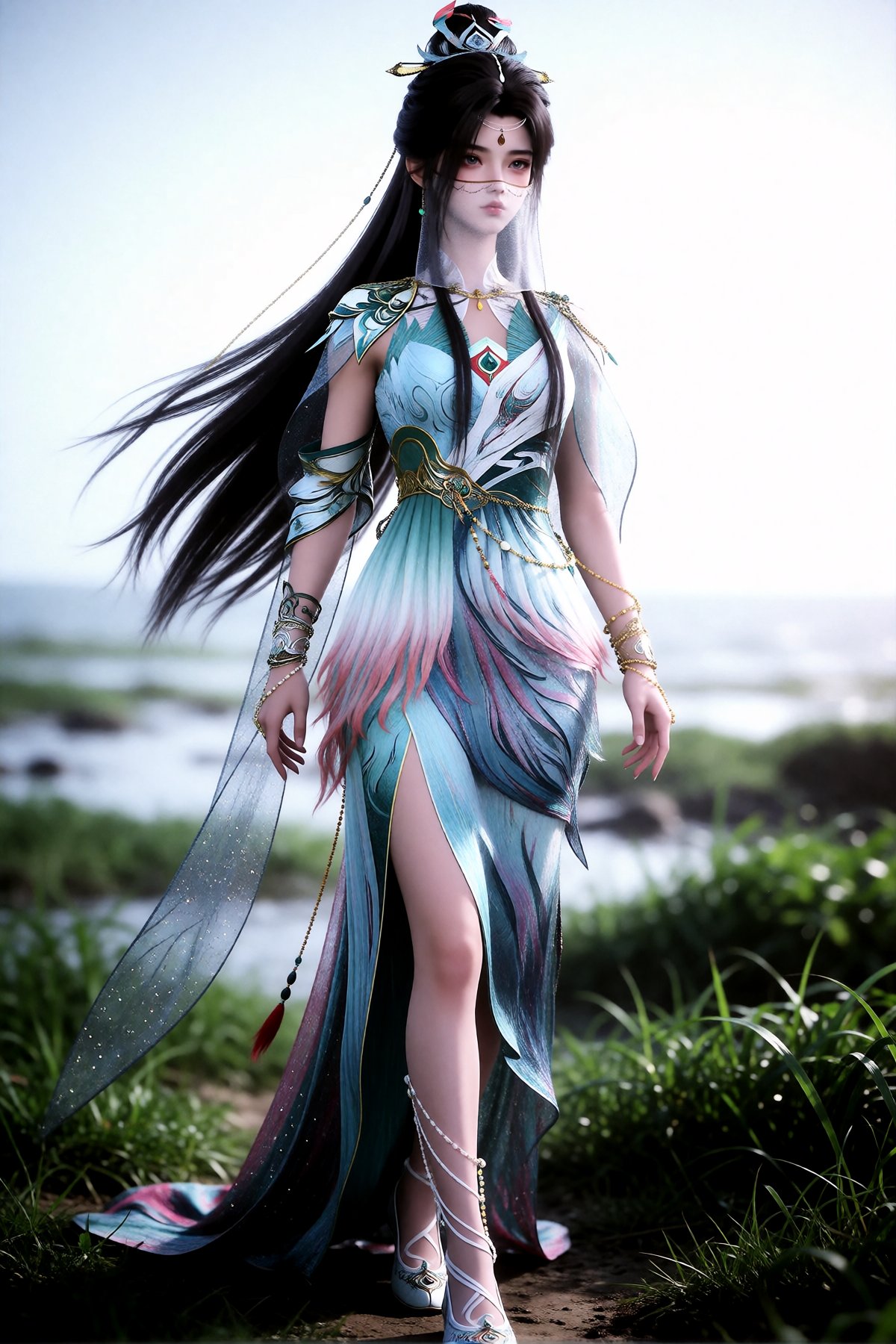 这是一件非常详细的数字艺术品,  描绘了一个空灵的女性形象,  这位女士有一头又长又直的黑发 by 天海TianHai on Tensor.Art