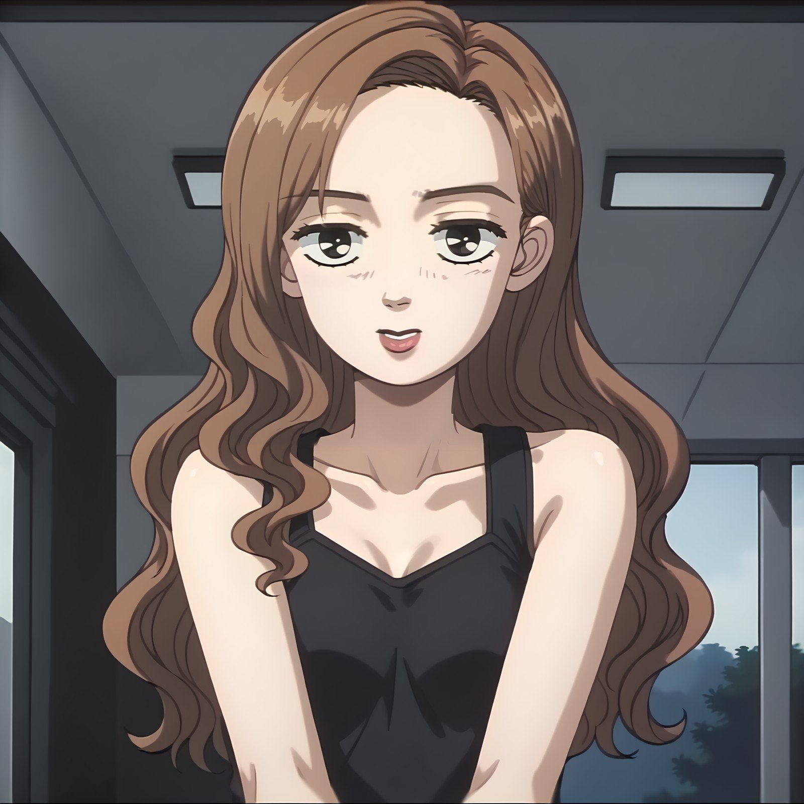 <lora:SayukiXLpony001>,solo,Sayuki,1girl,brown hair,long hair,black eyes,wavy hair,tank_top,