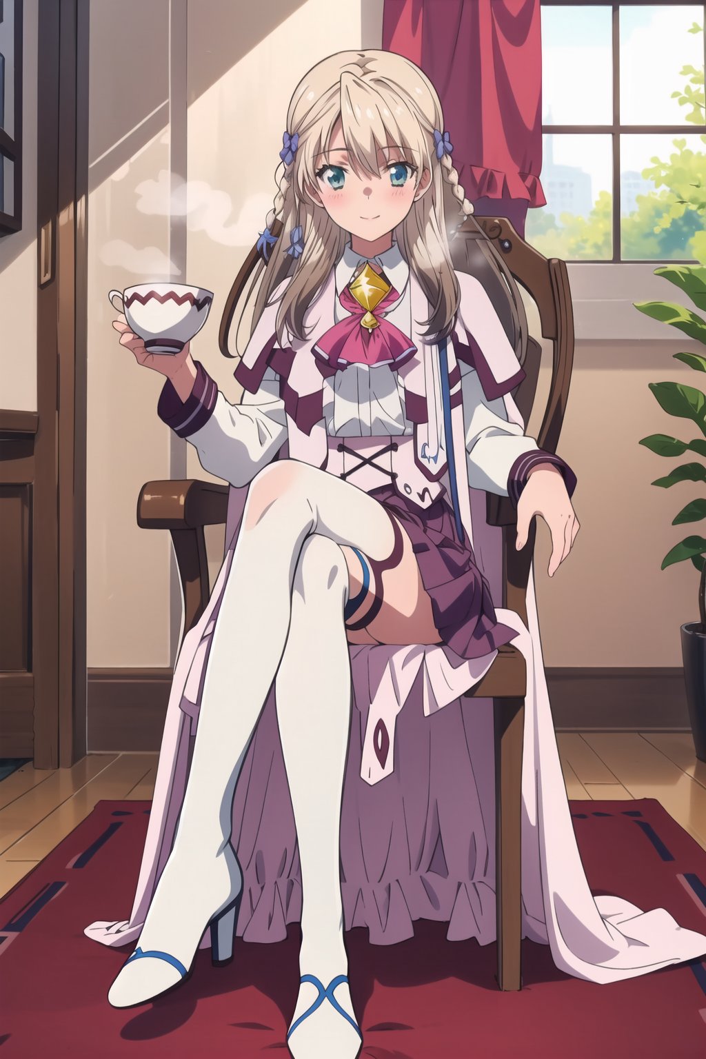 (masterpiece),(best quality),extreamly delicate and beautiful,traditional media,1girl, solo, sitting on chair, full body,   holding cup,  long hair, crossed legs, thigh boots, capelet, collared shirt, skirt, looking at viewer, blush, smile,  tea, <lora:SionV6:1>, <lora:hotarusaturation_1_v100:0.1>,  <lora:add_detail:0.3>, steam,indoors,