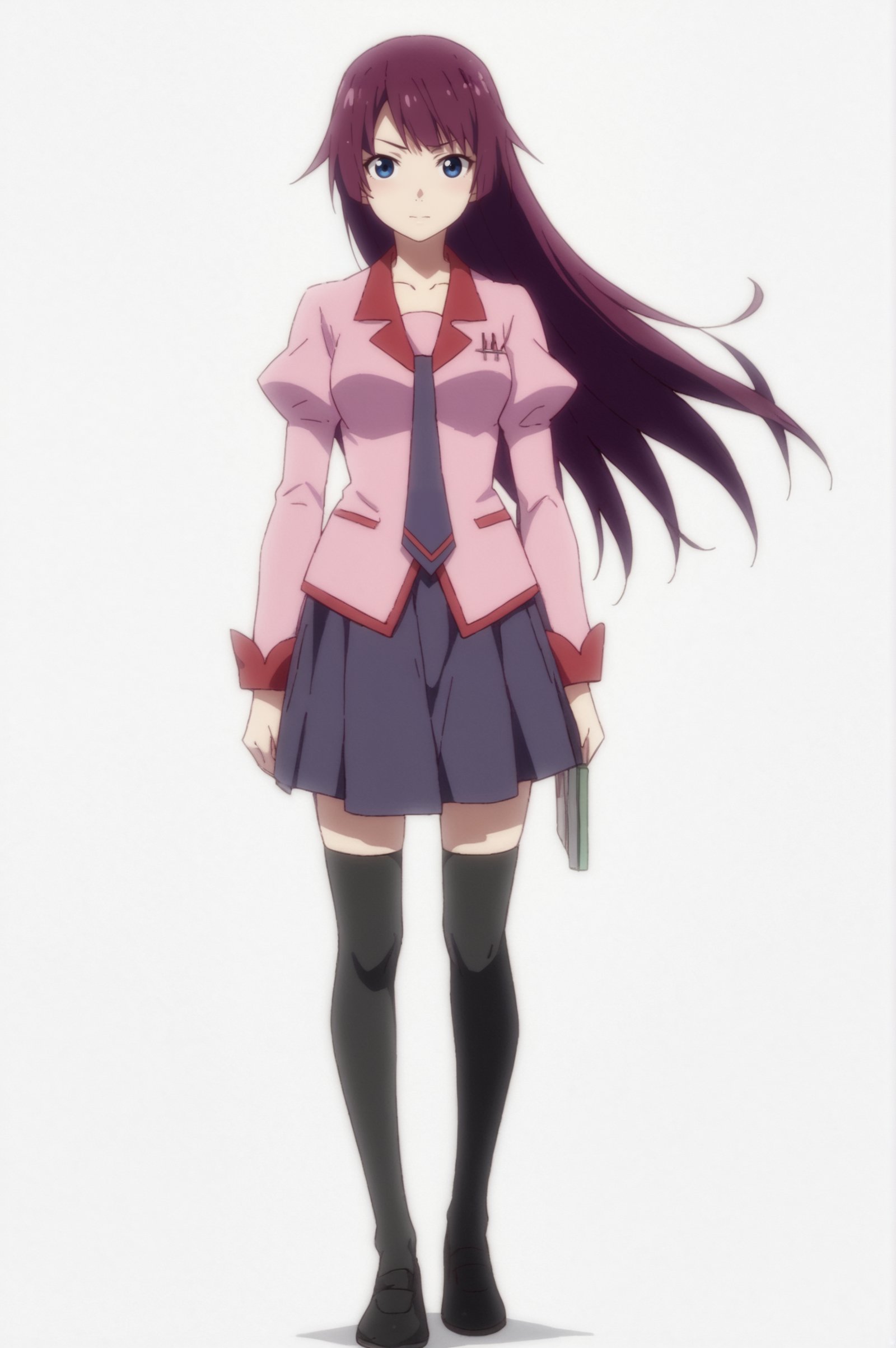 rating_all, score_10, score_8_up, score_7_up,  senjougahara hitagi, full body, white background, looking at viewer,  <lora:senjougahara_hitagi:0.7>