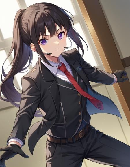 score_9, score_8_up, score_7_up, source_anime, takinainoue, <lora:takina-inoue-ponyxl-lora-nochekaiser:1>, inoue takina, long hair, bangs, black hair, purple eyes, ponytail, gloves, long sleeves, jacket, necktie, black gloves, collared shirt, belt, pants, vest, black jacket, black pants, formal, suit, red necktie, headset, black suit, earpiece, indoors, looking at viewer, cowboy shot, dutch angle, dynamic pose,