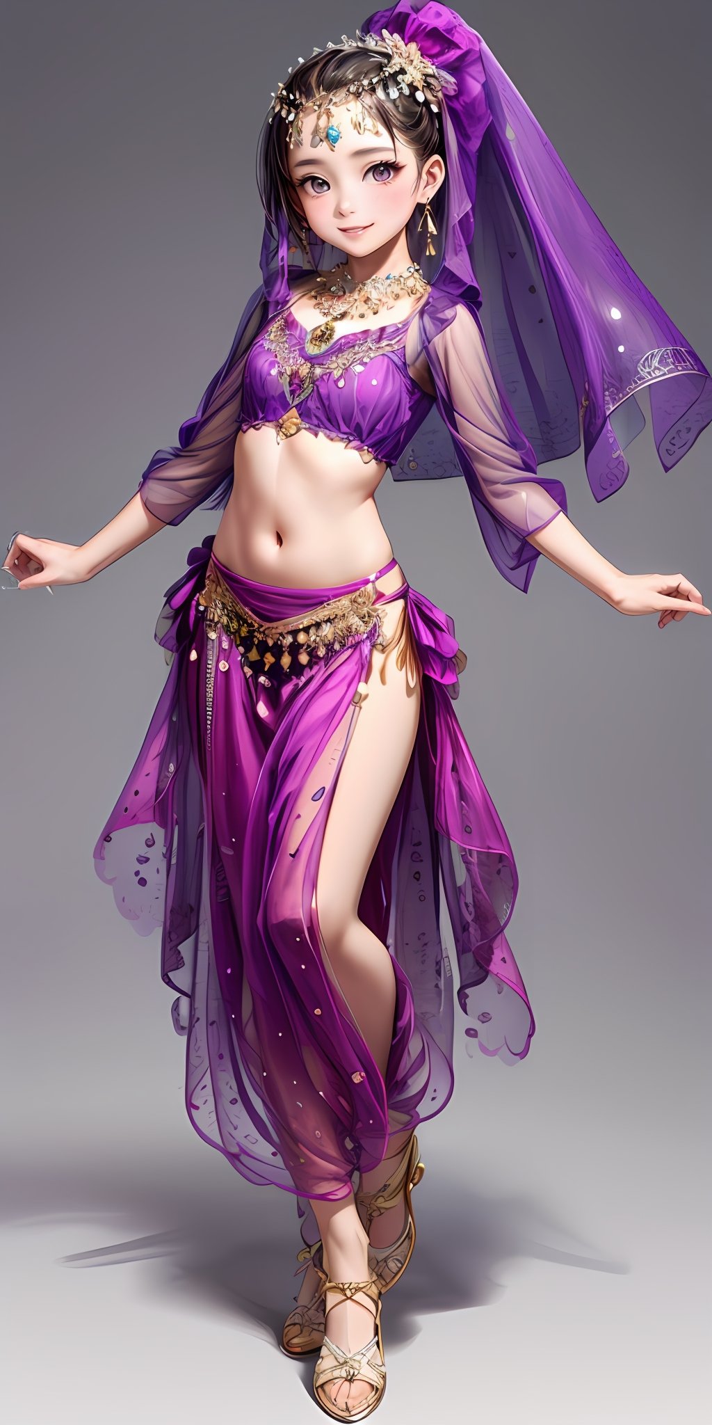 (masterpiece,ultra-detailed,best quality,8K,CG,illustration,shaved:1.0),(petite girl:1.0) <lora:more_details:1>, smile,simple background, <lora:belly dance clothes v1.0:0.5> jyojifuku, veil, midriff, necklace, earrings, see-through,dance,purple clothes