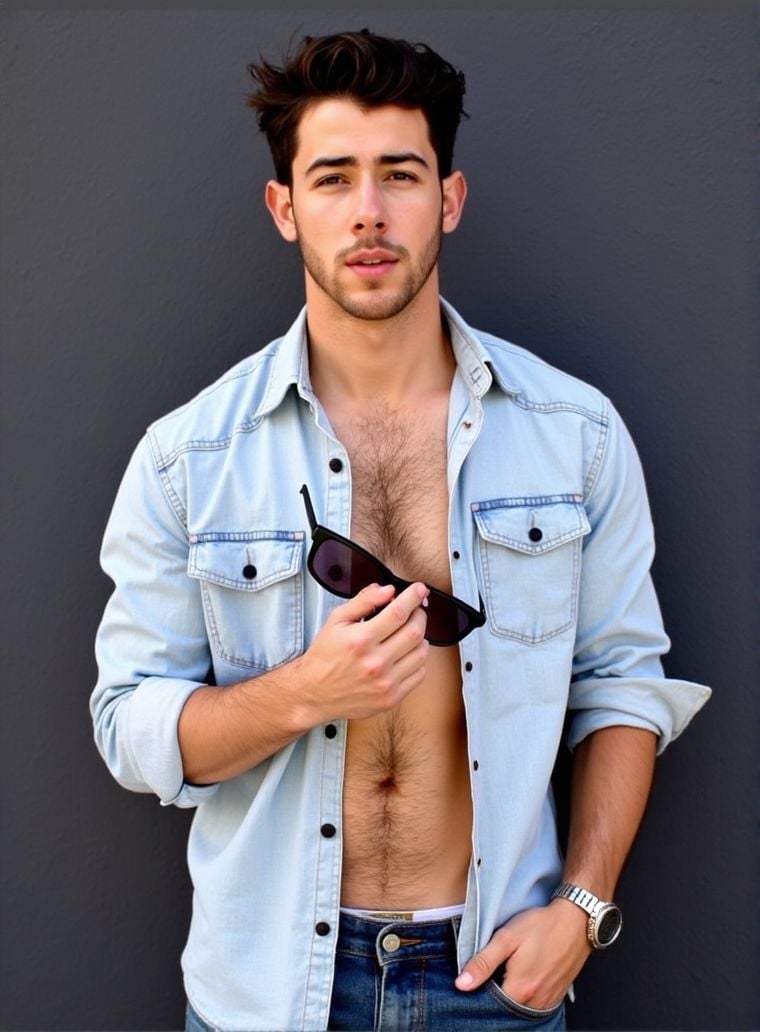 Nick Jonas ,  stands confidently in front of a dark gray wall. He wears a light denim shirt,  unbuttoned at the top by Hot...
