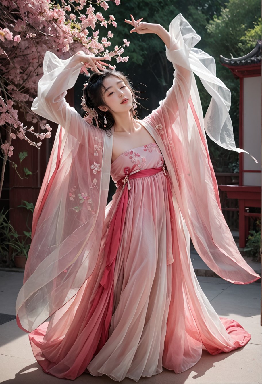 1girl,solo,dancing,,ruanyi0758,hanfu,pink dress,see-through,shawl,wide sleeves,jewelry,<lora:0758 Peach Blossom Hanfu_v1_pony:1>, score_9,score_8_up,score_7_up,,8k,1girl,solo,