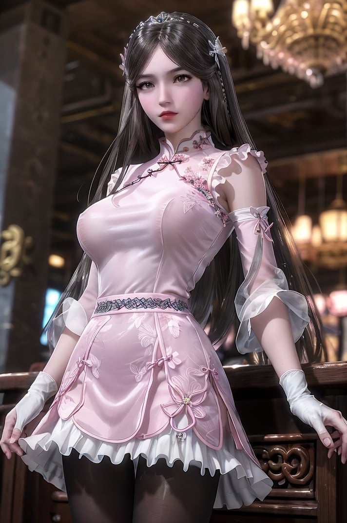 best quality,masterpiece,1girl,white transparent skirt,hair_ornament,flowers,gloves,(transparent pantyhose:1.1),indoor,flowers,huge breasts,<lora:宁荣荣 (4):0.6>,the perfect hand,long black hair,(pink  cheongsam:1.2),bar,standing,