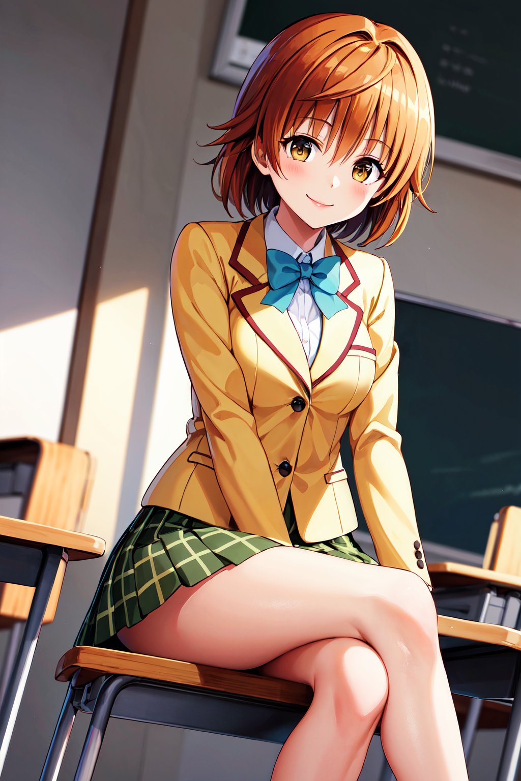 masterpiece, best quality, highres, aariko, short hair, brown eyes, school uniform, blue bowtie, blazer, yellow jacket, long sleeves, plaid skirt, green skirt, <lora:yuusaki_riko_v1:0.6>, indoors, classroom, sitting, crossed legs, smile, 