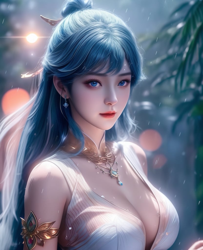 <lora:斗罗大陆-唐舞桐-海神缘:0.8>　　1girl, solo, blue hair, blue eyes, hair ornament, sparkle, looking at viewer,  (,1girl, ,best quality, ),looking at viewer,  ,,ultra detailed 8k cg, ultra detailed background ,ultra realistic 8k cg,          cinematic lighting, cinematic bloom, (( , )),,  , unreal, science fiction,  luxury, jewelry, diamond, pearl, gem, sapphire, ruby, emerald, intricate detail, delicate pattern, charming, alluring, seductive, erotic, enchanting, hair ornament, necklace, earrings, bracelet, armlet,halo,masterpiece, (( , )),, realistic,science fiction,mole,   ,cherry blossoms,,(((Best quality, masterpiece, ultra high res, (photorealistic:1.4), raw photo, 1girl, ,rain, , sunlight, sunset, qianqiu wanxia,     )))  (cleavage), (),