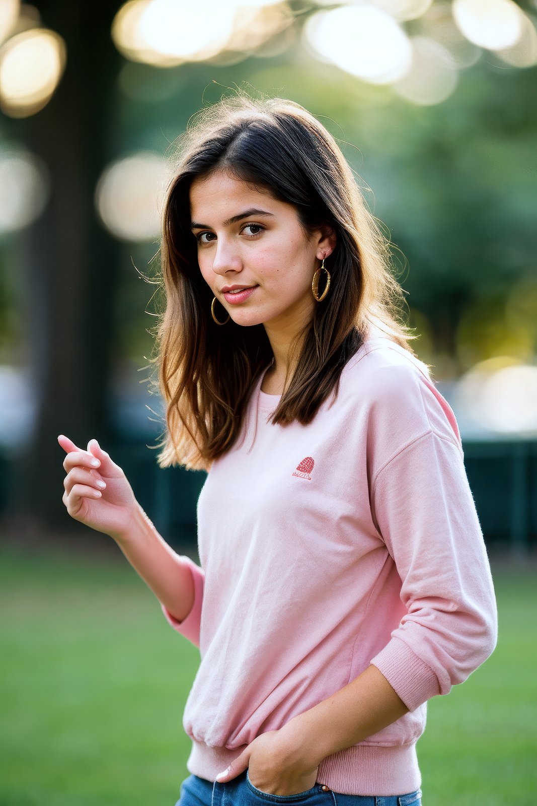 a beautiful college girl, brunette, girl next door, baggy clothes, bracelet, earrings, studying, university lecture hall, messy hair, (blush), film grain, (bokeh:1.3), Porta 160 color, shot on ARRI ALEXA 65, sharp focus on subject, Fujifilm XT-3