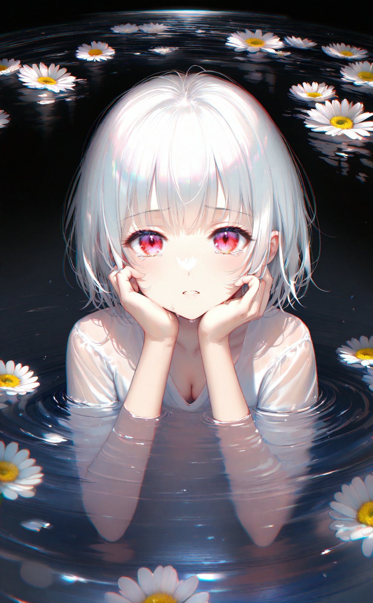 (masterpiece),(best quality),illustration,ultra detailed,hdr,Depth of field,(colorful),(chromatic aberration),(beautiful young female:1.4),(streaming tears),sad,(daisy),(daisy),(daisy),looking at viewer,partially submerged,both hands on own cheek,{see-through long shirt},{no bra},(white hair, short hair, bangs:1.2),(glowing eyes),ripples,dark water,black background,(prismatic),