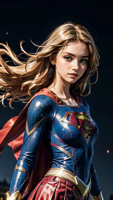 (best quality, masterpiece, colorful, dynamic angle, highest detailed)(Supergirl), upper body photo, fashion photography of cute blonde long hair girl (Supergirl), dressing high detailed Supergirl suit (high resolution textures), in dynamic pose, bokeh, (intricate details, hyperdetailed:1.15), detailed, moonlight passing through hair, perfect night, (fantasy background), (official art, extreme detailed, highest detailed), HDR+