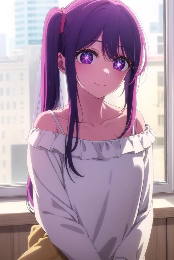 aihoshino, <lora:ai hoshino s1-lora-nochekaiser:1>,ai hoshino, long hair, bangs, (purple eyes:1.1), purple hair, (symbol-shaped pupils:1.5), smile,BREAK side ponytail, shirt, white shirt, collarbone, off shoulder, bra strap, shorts, pink shorts,BREAK indoors, concert, stage,BREAK looking at viewer, (cowboy shot:1.5),BREAK <lyco:GoodHands-beta2:1>, (masterpiece:1.2), best quality, high resolution, unity 8k wallpaper, (illustration:0.8), (beautiful detailed eyes:1.6), extremely detailed face, perfect lighting, extremely detailed CG, (perfect hands, perfect anatomy),