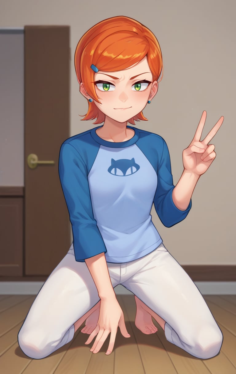 score_9,score_8_up,score_7_up,source_cartoon BREAK <lora:gwen10:0.8>,GwenSDXL,1girl,short hair,shirt,hair ornament,long sleeves,jewelry,green eyes,earrings,hairclip,pants,orange hair,swept bangs,raglan sleeves,cowboy shot,room,room background,kneeling,v,