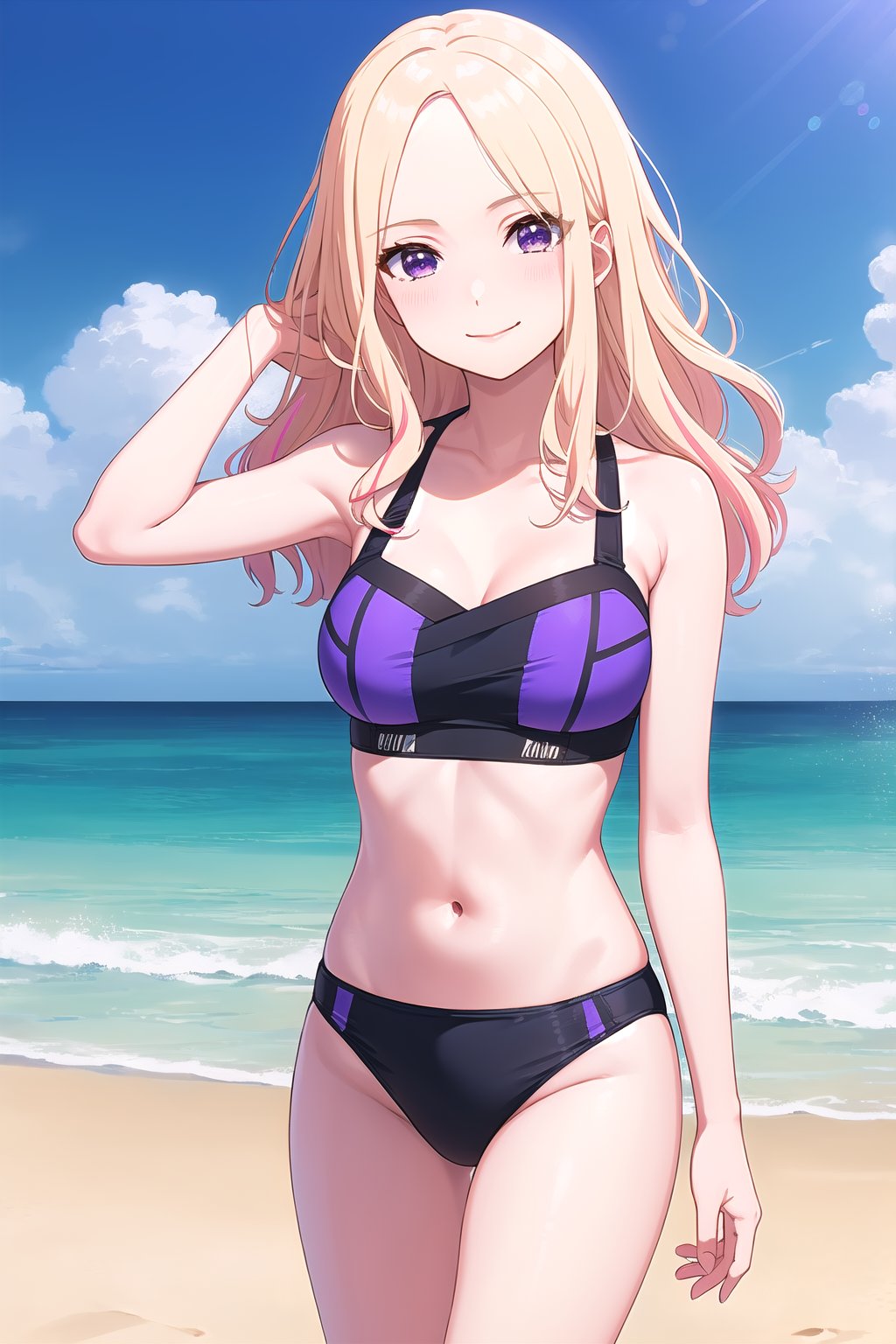 (masterpiece, best quality), highly detailed background, perfect lightingbest quality, juuousena, outdoors, beach, blonde hair, parted bangs, forehead, streaked hair, wavy hair, very long hair, purple eyes, medium breasts, purple bikini, swimsuit, smile, closed mouth, :), <lora:Juuou-Sena-05:0.7>