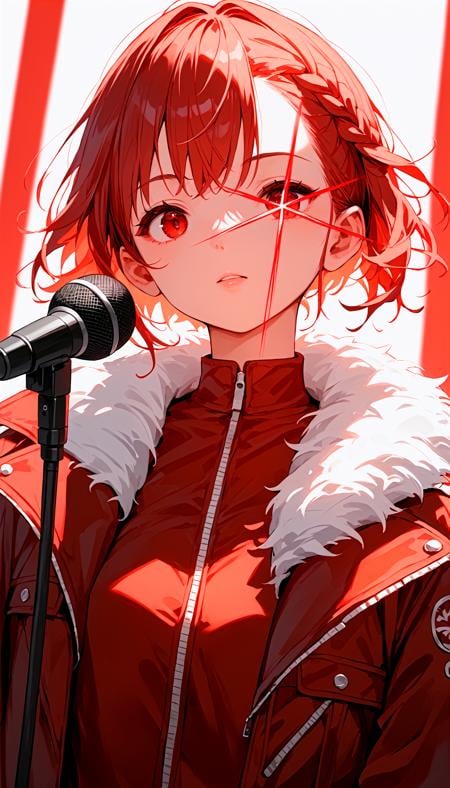 score_9,score_8_up,score_7_up,source_anime,1girl,solo,French twist hairstyle,fur-trimmed_jacket,looking afar,microphone,looking at viewer,red theme,dynamic_angle,<lora:stareye starlight_pony_bx-v1.01:1>,red stareye,