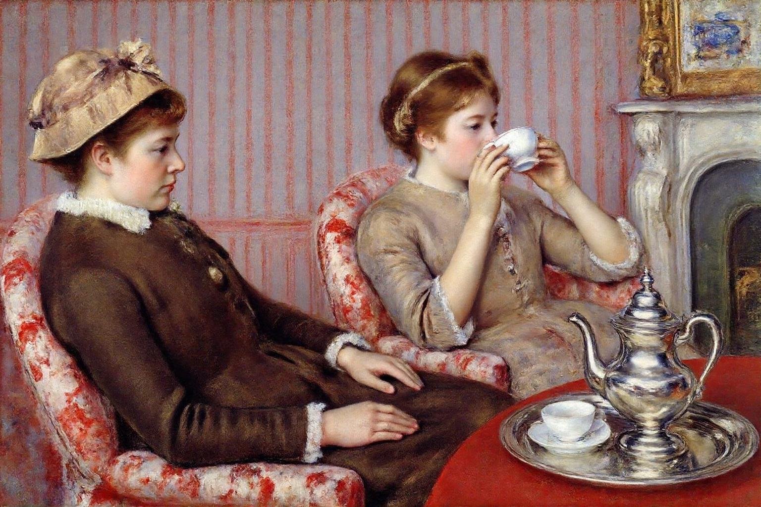marycassatt1 painting.Two women enjoying tea in a refined,  Victorian-style setting. The woman on the left is in profiles....