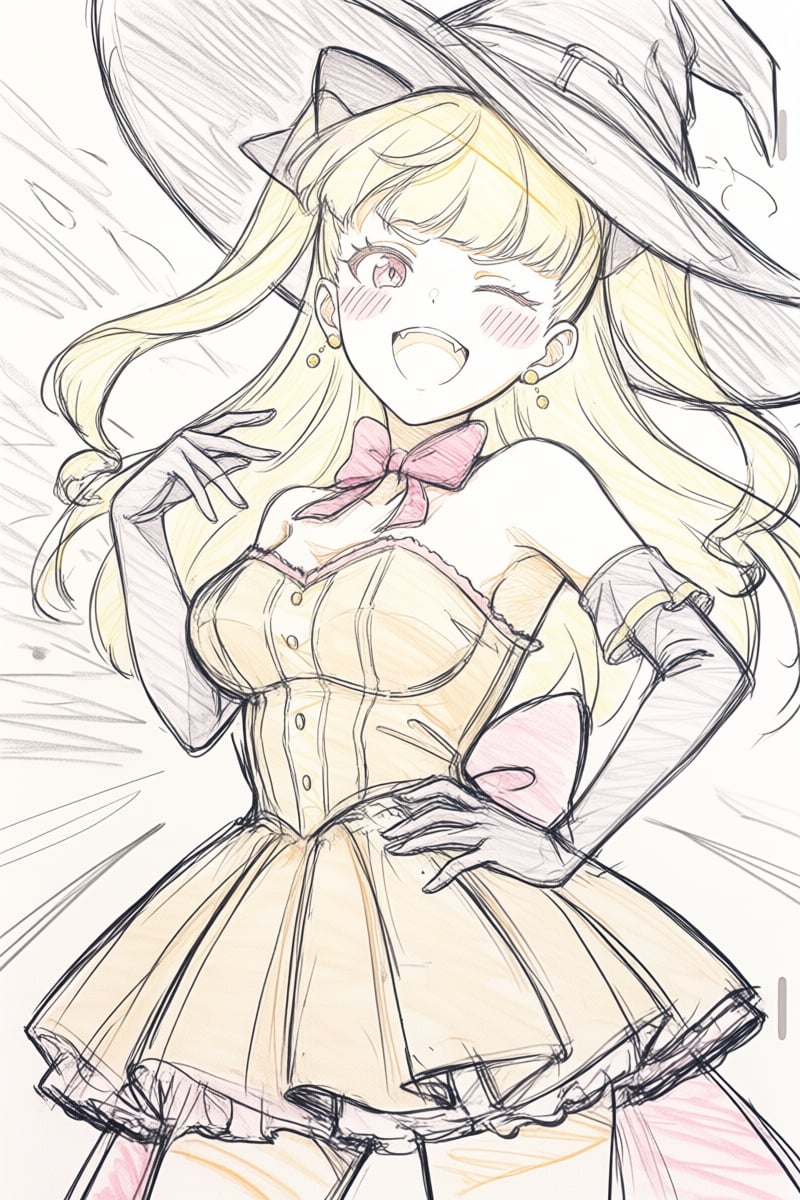 @ppst,  The lines of the drawing are loose and sketchy. A drawing depicts a young woman with long blonde hair and bangs,...