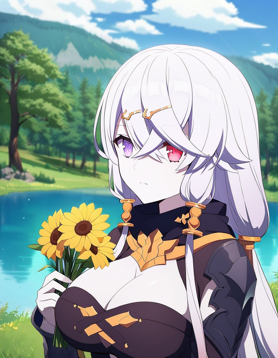 1girl, lila,breasts, heterochromia, solo, large breasts, hair ornament, red eyes, outdoors, long hair, crossed bangs, tree, twintails,  pale skin, holding, bodysuit, closed mouth, bangs, cleavage, hair between eyes, low twintails, upper body, purple eyes, hairclip, white hair, outdoors, no humans, scenery, flower, sky, cloud, day, nature, yellow flower, reflection, mountain, blue sky, tree, grass, water, lake, forest, field, cloudy sky, landscape, mountainous horizon, reflective water <lora:my_lilaXL:0.8>