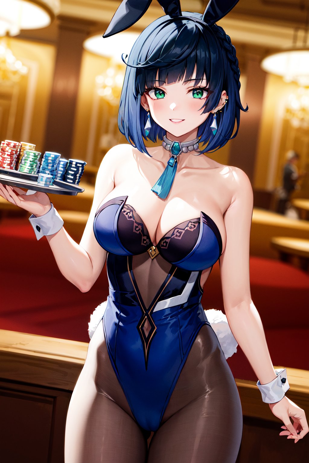 masterpiece, best quality, highres, aayelan, short hair, bob cut, braid, green eyes, earrings,<lora:yelan_v1:0.7>, standing, cowboy shot, playboy bunny, rabbit ears, strapless, black leotard, casino, smile, holding tray, 