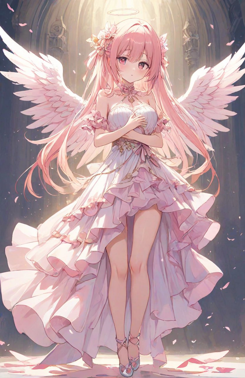 1girl,wings,knee,Embrace chest with both hands,full body,long dress,white pink theme,(((masterpiece,best quality))),((good structure)),((Good composition)), ((clear, original,beautiful))