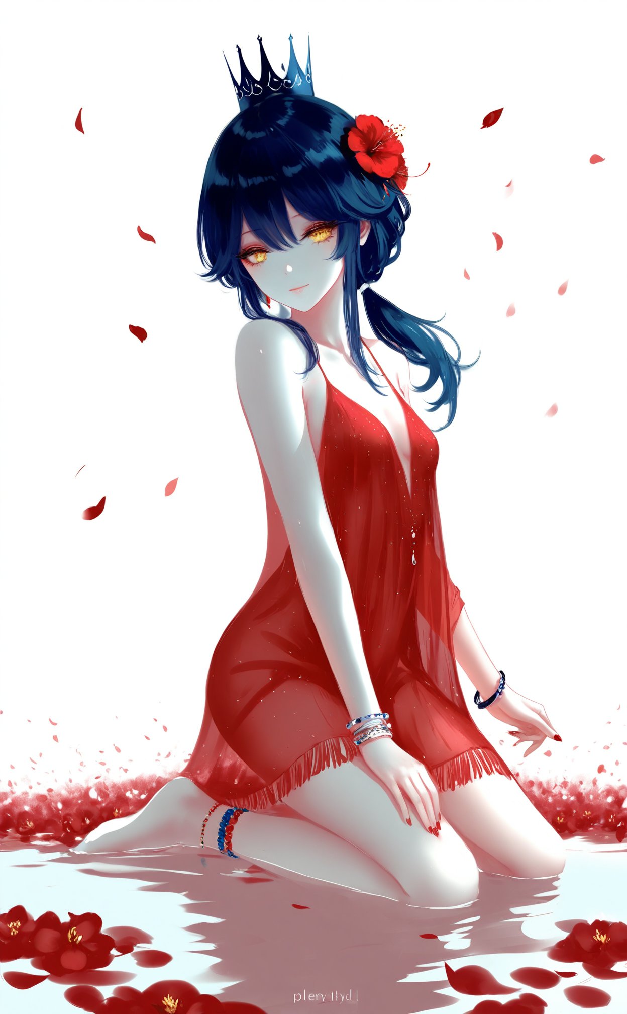 (masterpiece),(best quality),illustration,ultra detailed,hdr,depth of field,(colorful),[artist:wlop],[[artist:sheya]],artist:hiten_(hitenkei),1girl,red long translucent night gown,expressionless,hair flower,kneeling on lake,(plenty of red petals:1.35),(white background:1.5),(English text),monochrome,HSR_YL,1girl,solo,short hair with long locks,yellow eyes,hair between eyes,ponytail,low ponytail,dark blue hair,double ponytail,single earrings,bracelet,anklet,crown,red fringe,red toenail polish,jewelry,bangs,closed mouth,smile,short hair,red nails,small breasts,no shoes,bare legs,