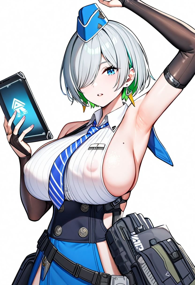 1girl, brid \(nikke\), goddess of victory: nikke,  gloves, upper body, sleeveless, white background, belt, skirt, shadow, sideless shirt, bridal gauntlets, hat, hair over one eye, multicolored hair, backless outfit, mole, two-tone hair, green hair, bare shoulders, tablet pc, sidelocks, low-tied long hair, looking at viewer, holding tablet pc, breasts, covered nipples, high-waist skirt, blue necktie, shirt, blue skirt, long hair, black belt, necktie, simple background, blue eyes, colored inner hair, armpits, white shirt, striped necktie, grey hair, jewelry, arm up, holding, black gloves, mole on breast, sideboob, collared shirt, large breasts, dangle earrings, parted lips, garrison cap, earrings, solo, hair between eyes, very aesthetic, masterpiece, best quality, absurdres, sensitive