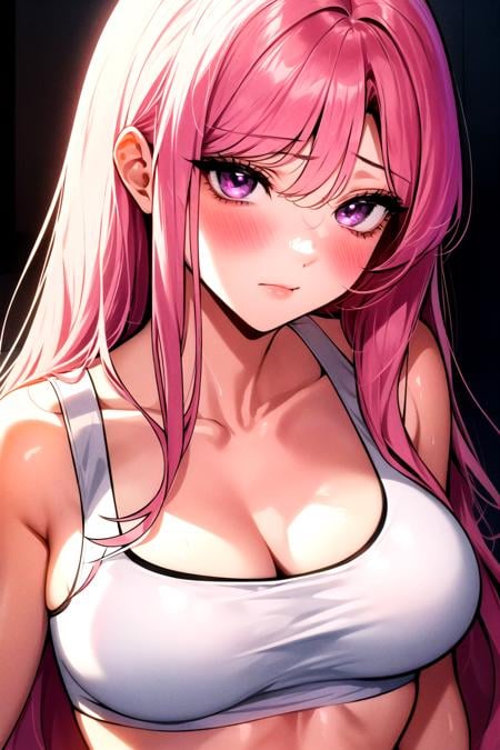 masterpiece, best quality, manhwa-artstyle, 1girl, solo, long hair, looking at viewer, blush, bangs, pink hair, sports bra, purple eyes, upper body, <lora:manhwa-artstyle-000025:0.6>