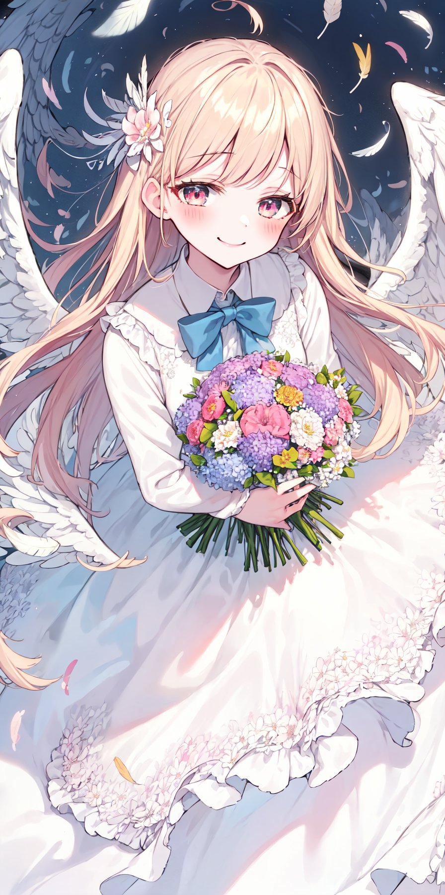 (eye focus, face, close-up:0.3), blush, floating hair, girl holding bouquet, windy, gown, white dress, , frills, bow, dutch angle, wide shot, looking up, hill, (from above, facing up:1.2), (floral background, flower field), side <lora:saturation:-0.2> , smile, <lora:sensualface_type2:0.7>, perspective, looking_back turning head, angel wings, feather