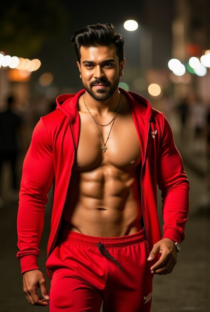 ram charan ,  realistic photo in a worn ((skin-revealing skimpy erotic red tracksuit,  massive pecs)) by HottiesnHotties o...