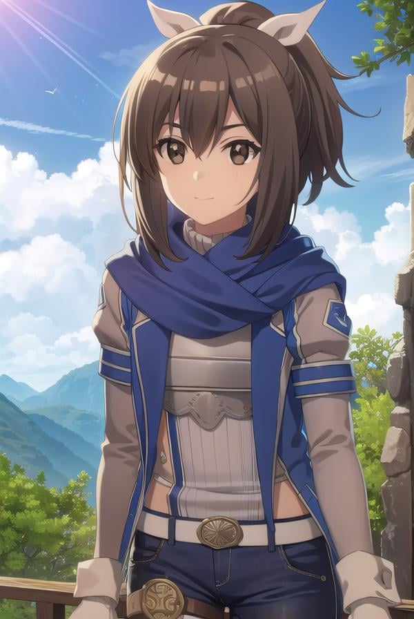 bofurisally, <lora:bofuri sally s2-lora-nochekaiser:1>, sally, long hair, brown hair, (brown eyes:1.5), ribbon, hair ribbon, ponytail, smile,BREAK gloves, shorts, scarf, blue scarf, shirt, white shirt, puffy sleeves, long sleeves, belt, denim shorts,BREAK outdoors, nature, forest, sun, sky, clouds, trees, grass,BREAK looking at viewer,BREAK <lyco:GoodHands-beta2:1>, (masterpiece:1.2), best quality, high resolution, unity 8k wallpaper, (illustration:0.8), (beautiful detailed eyes:1.6), extremely detailed face, perfect lighting, extremely detailed CG, (perfect hands, perfect anatomy),