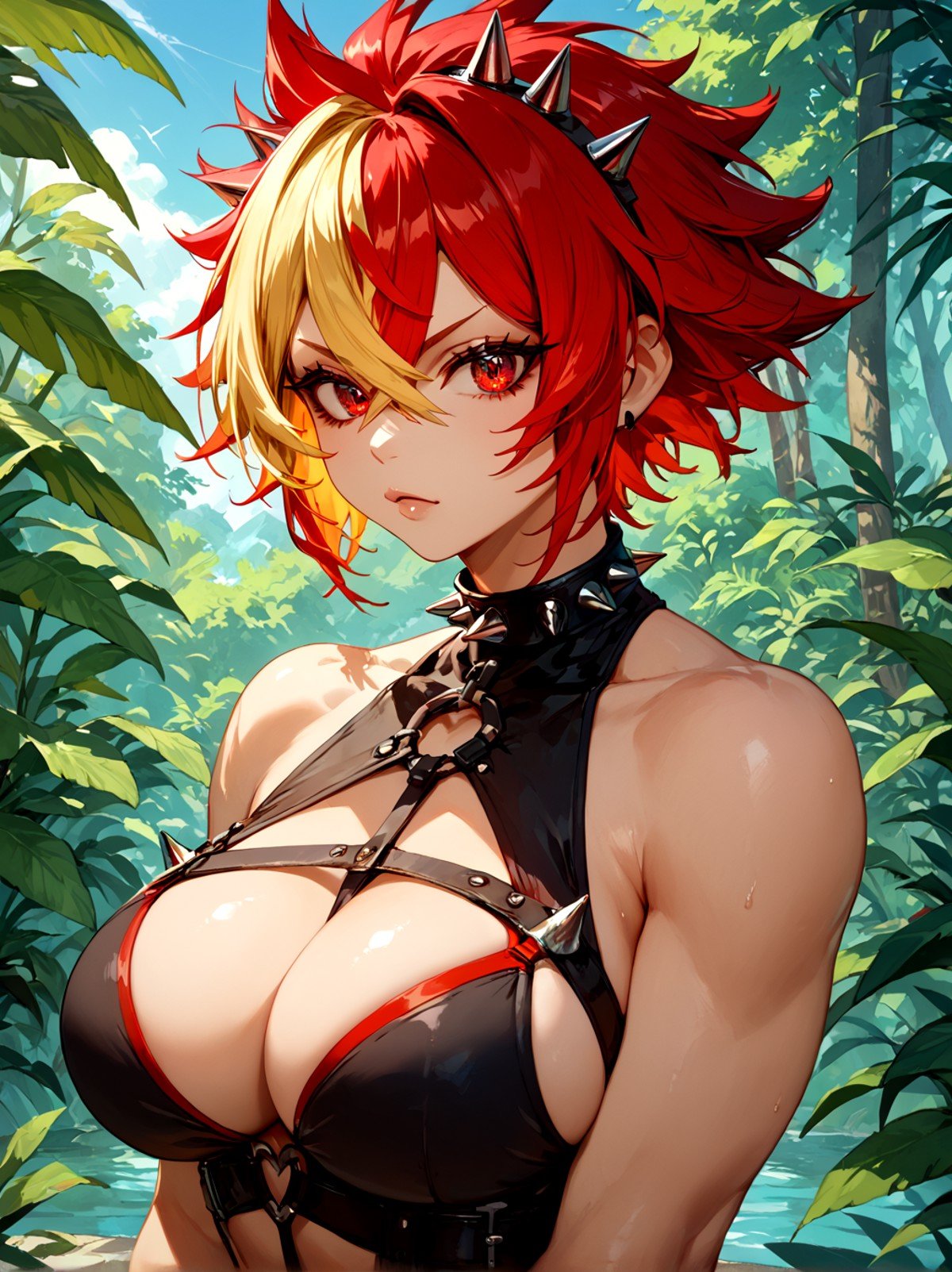 score_9, score_8_up, score_7_up,1girl,red hair,blonde two-tone hair,long sidelocks,crossed bangs,short hair,spiked hair,red eyes,slant eyes,large breasts