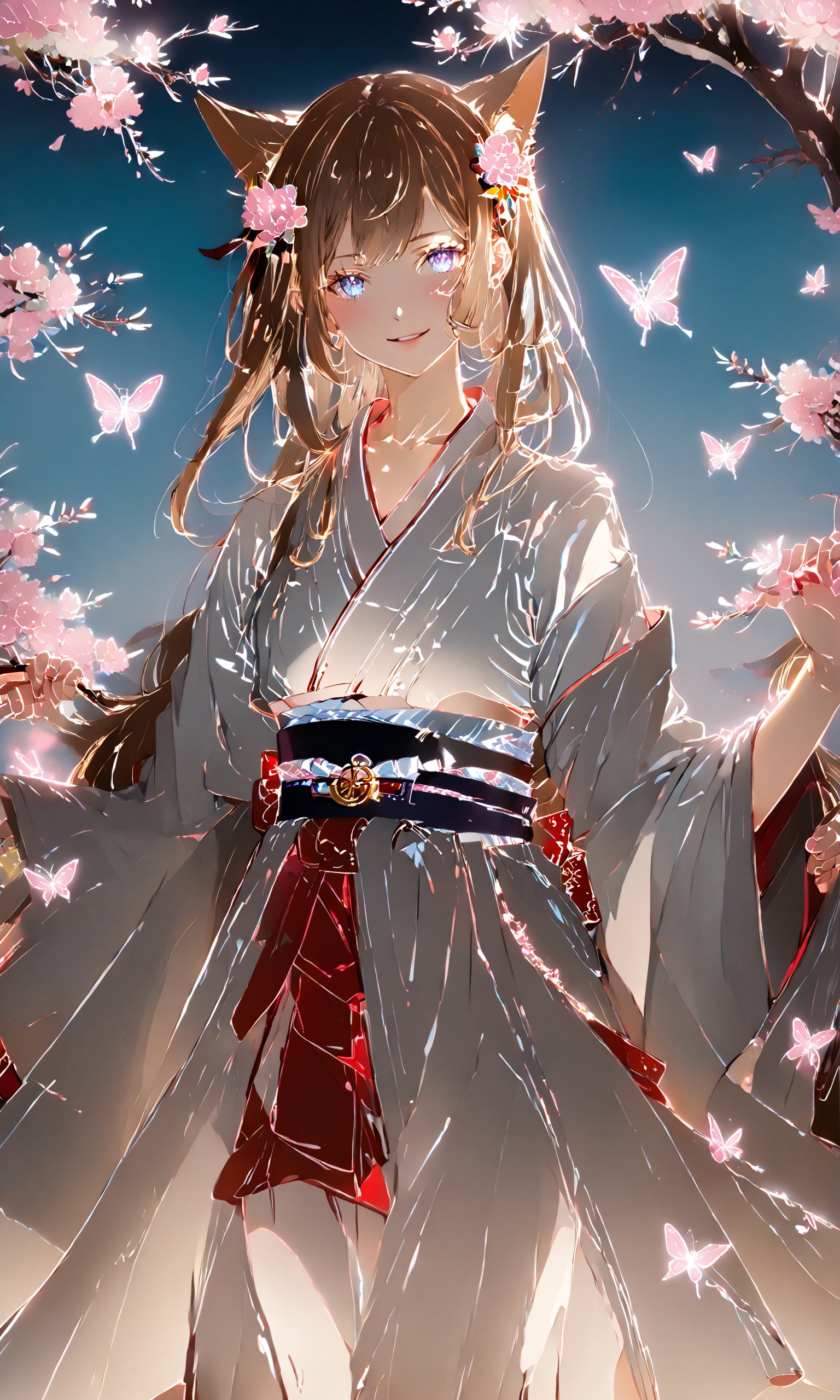 1girl, solo, long hair, looking at viewer, smile, open mouth, bangs, blue eyes, skirt, brown hair, hair ornament, long sleeves, bow, animal ears, sitting, very long hair, tail, full body, flower, :d, hair bow, outdoors, japanese clothes, fang, wide sleeves, black skirt, kimono, black footwear, tree, animal ear fluff, petals, fox ears, fox tail, animal, bug, cherry blossoms, fox girl, butterfly, hakama, hakama skirt, white kimono, geta, branch, tabi, platform footwear, zouri, masterpiece, best quality, score_9, score_8_up, score_7_up, <lora:Poutlines-XLoRA:1>