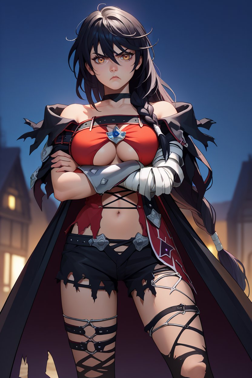 score_9, score_8_up, score_7_up, score_6_up, source_anime BREAK 1girl, solo <lora:velvetcrowe-pdxl-nvwls-v1-000005:1> velvetcrowe, black hair, low-tied long hair, braid, black choker, black cloak, cross-laced shirt, underboob, harness, navel, torn clothes, black shorts, torn shorts, single gauntlet, bandaged arm, black thighhighs, large breasts, crossed arms, annoyed, looking at you, night, serious