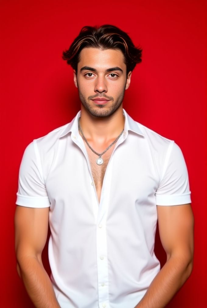 Jules Bouyer ,  The image is a high-resolution photograph. standing against a solid red background. wavy hair styled to th...