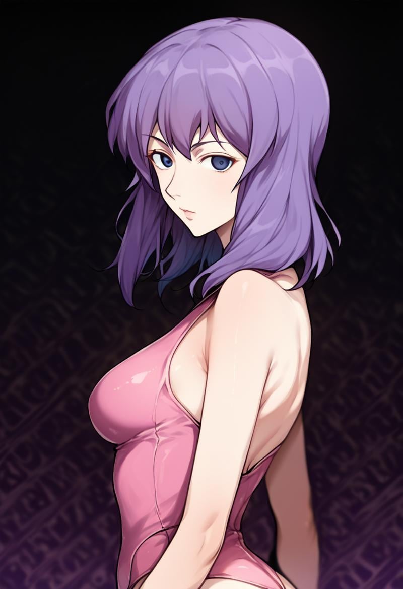 masterpiece,best,great,1girl,solo,medium breasts,trmcstyle,(forsaken eyes:1),<lora:TerasuMc_v3_prod_wasabiya:1>,kusanagi motoko,purple hair,medium hair, pink leotard, bare shoulders, from side, looking back, looking at viewer, cyborg