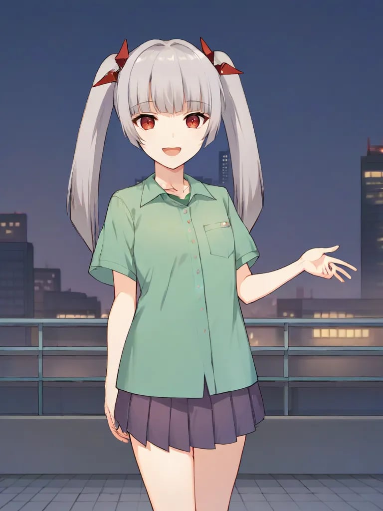 <lora:miamgbpony:1>,score_9, score_8_up, score_7_up, 1girl, solo, miamgb, grey hair, twintails, hair ornament, red eyes, green shirt, short sleeves, purple skirt, pleated skirt, outdoors, city, crossing, night, open mouth, smile, looking at viewer